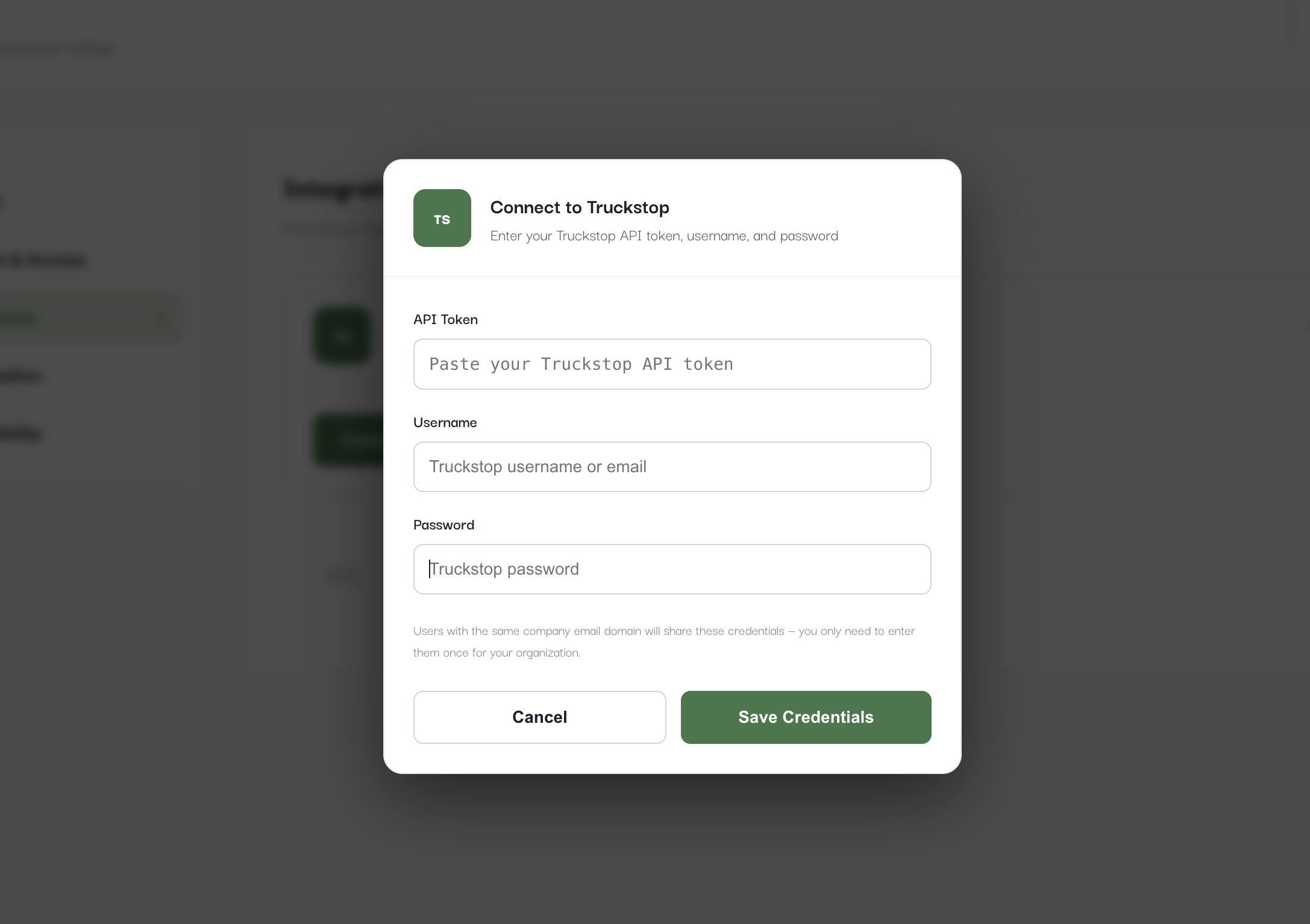 Connect to Truckstop dialog showing API token, username, and password fields