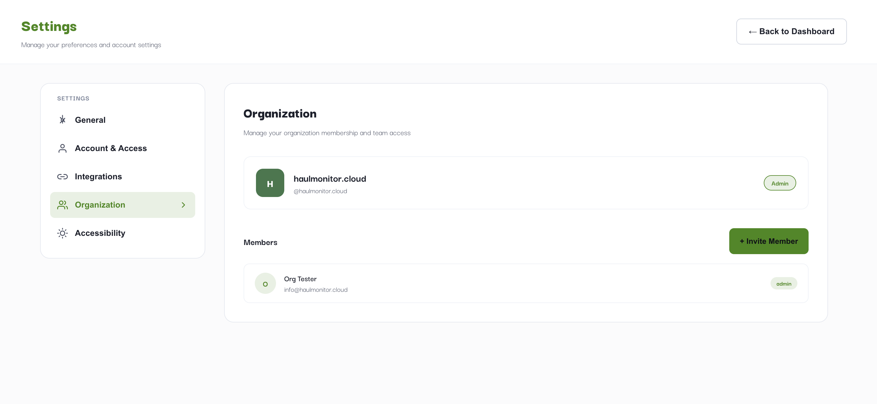 Settings — Organization panel showing org name, members list, and Invite Member button