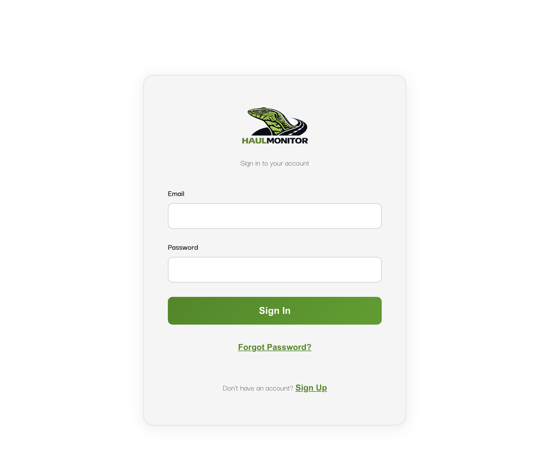 Haul Monitor login screen with Create Account link