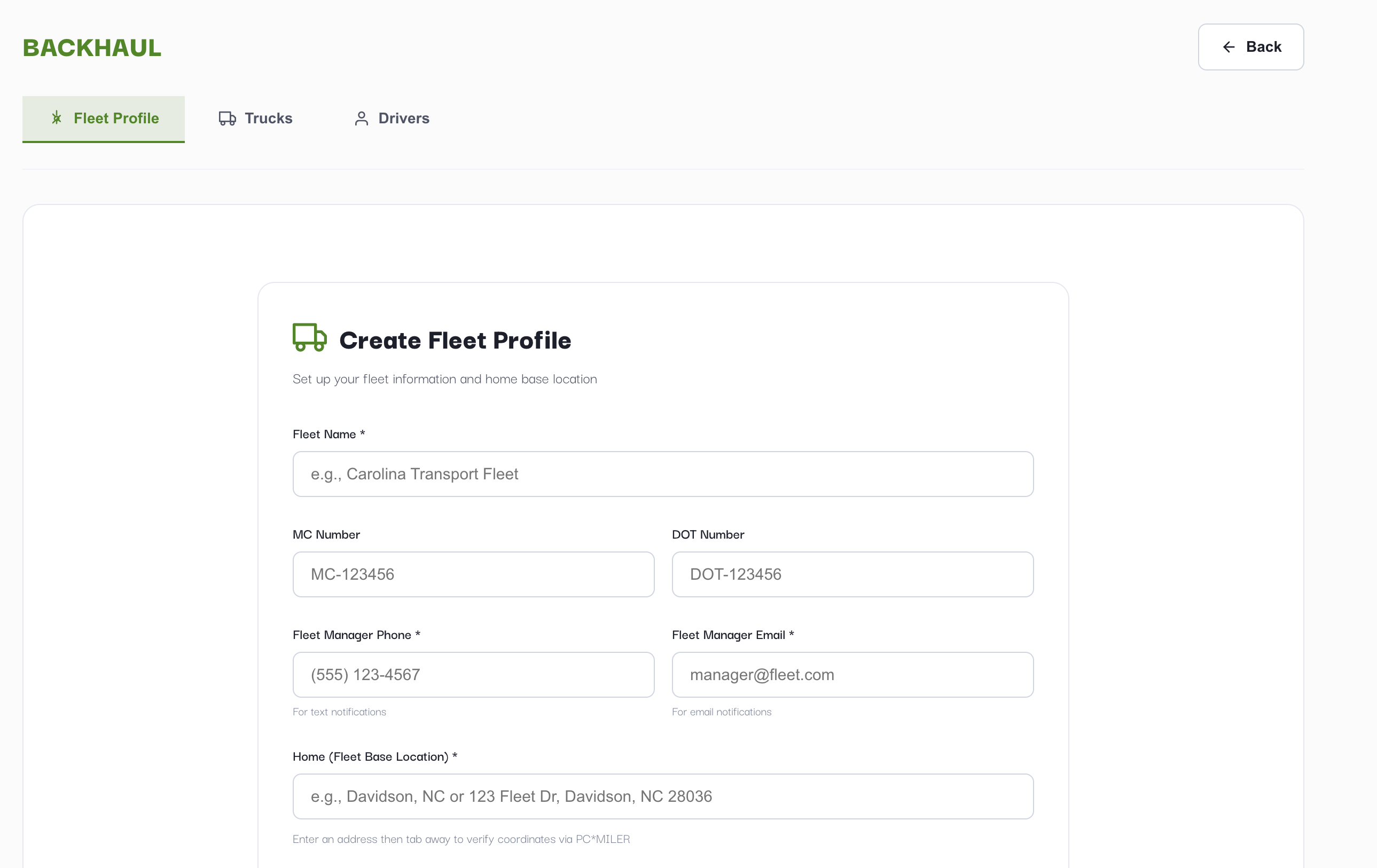 Create Fleet Profile form showing all fields