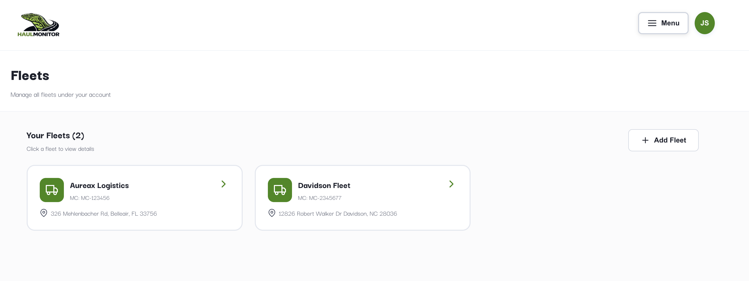 Fleets page showing existing fleets and Add Fleet button