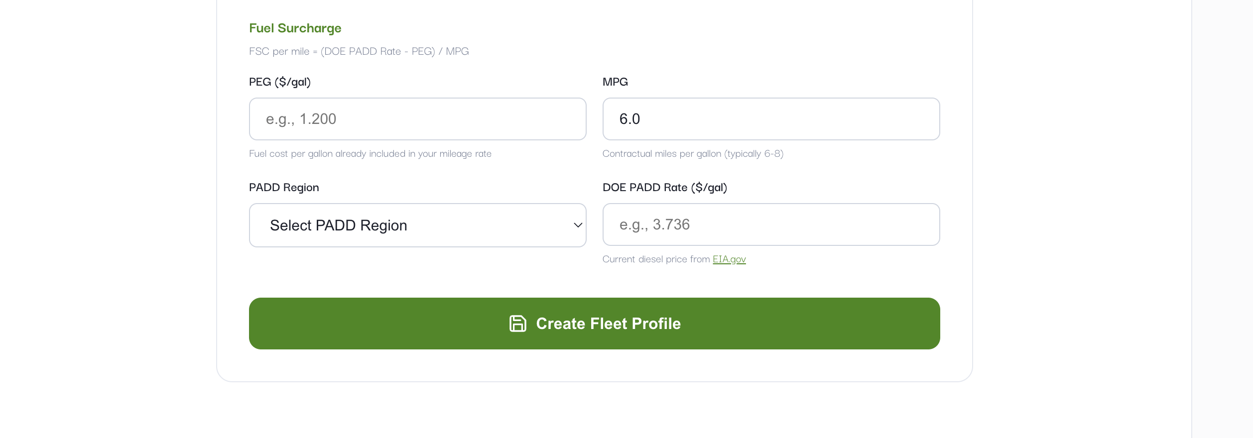 Fuel Surcharge section with PEG, MPG, PADD Region fields and Create Fleet Profile button