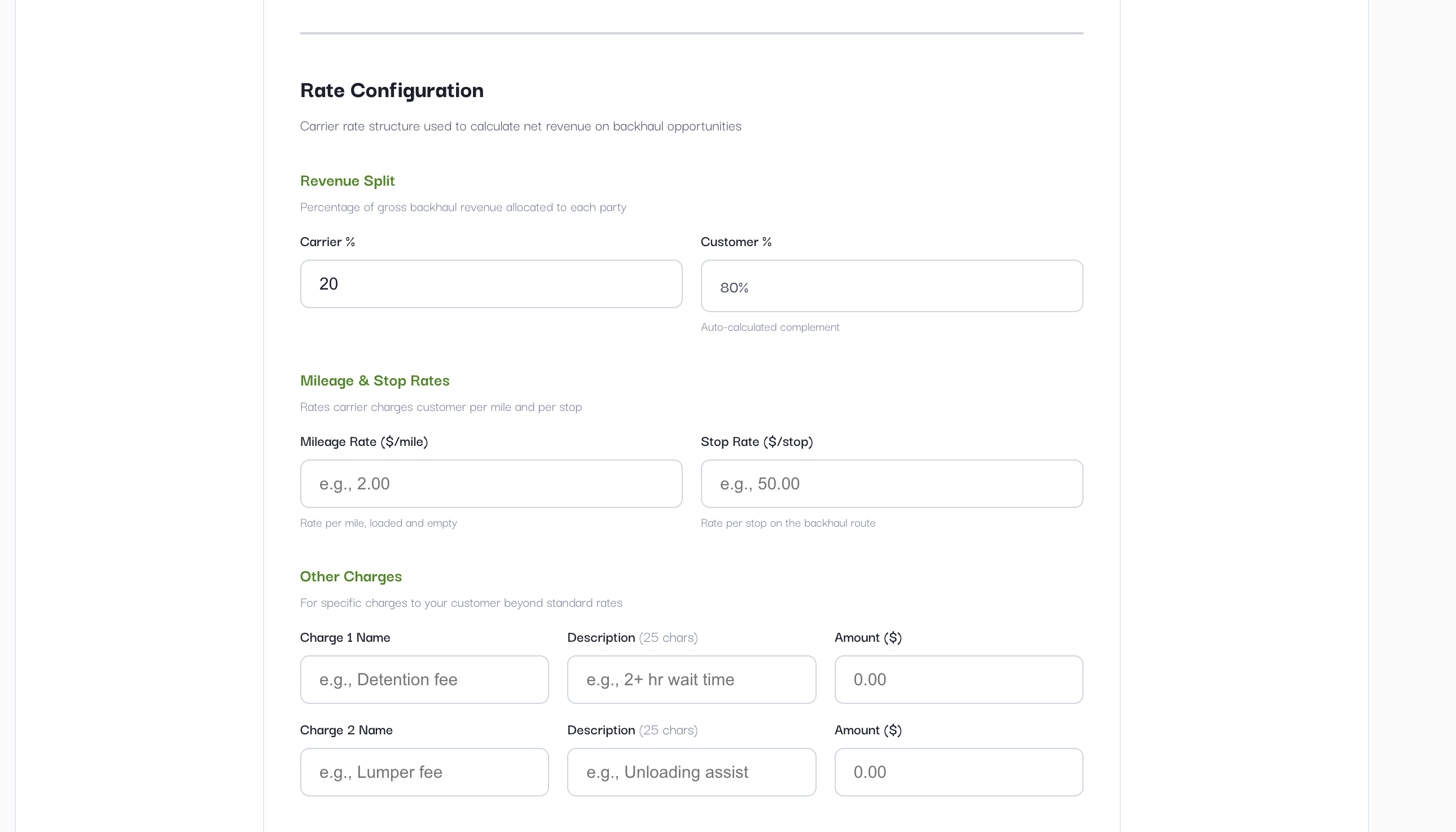 Rate Configuration showing Revenue Split, Mileage & Stop Rates, and Other Charges