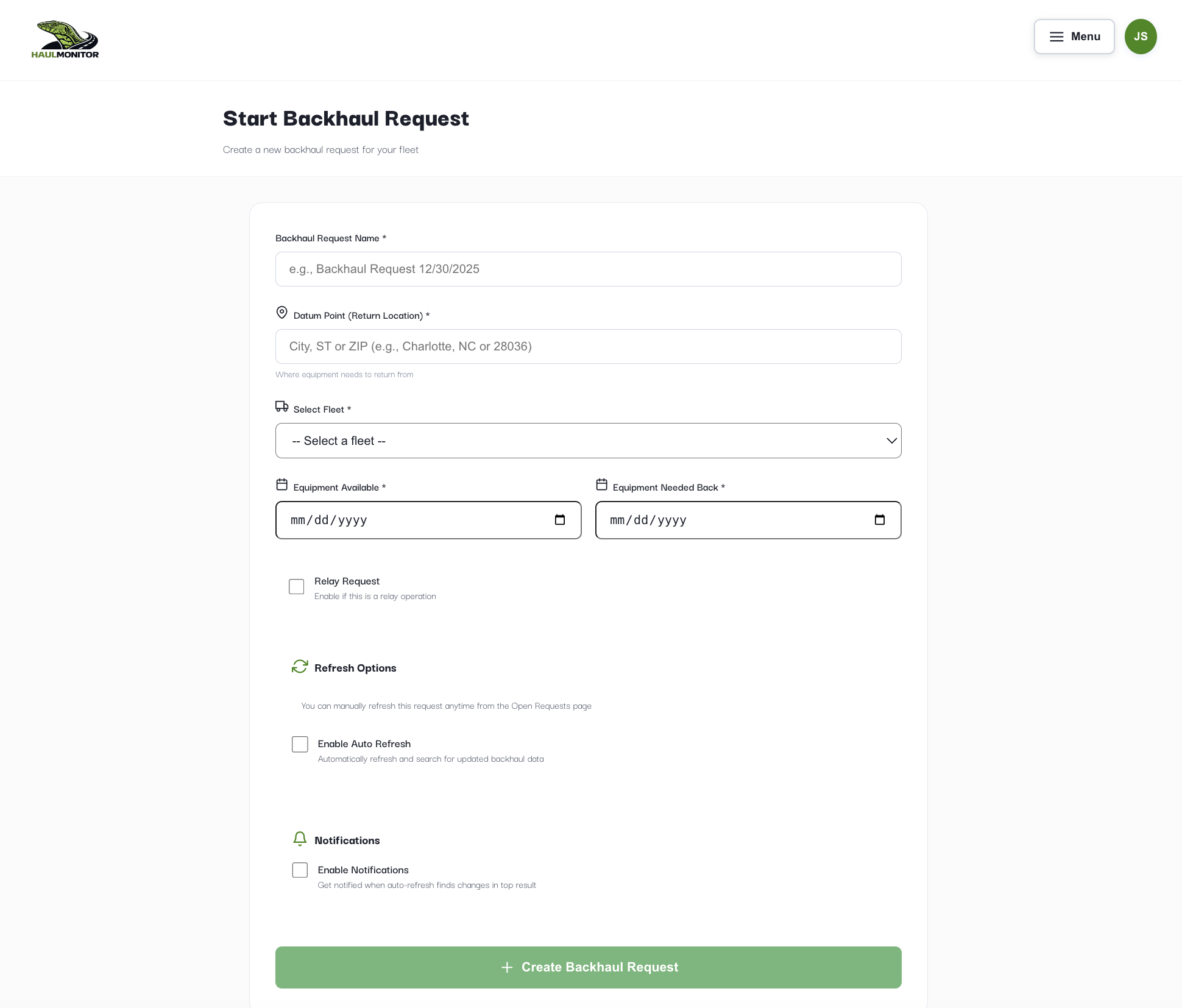 Start Backhaul Request form showing all fields, Relay, Auto Refresh, Notifications, and Create button