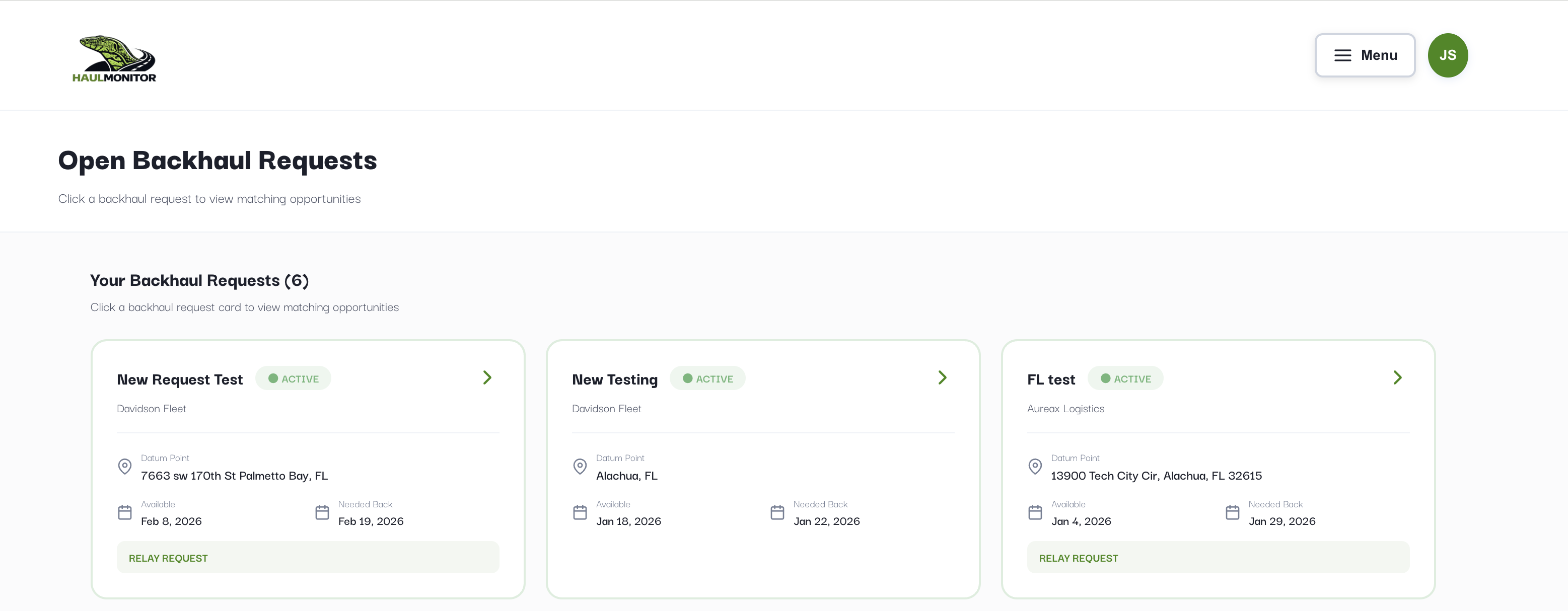 Open Backhaul Requests page showing active request cards