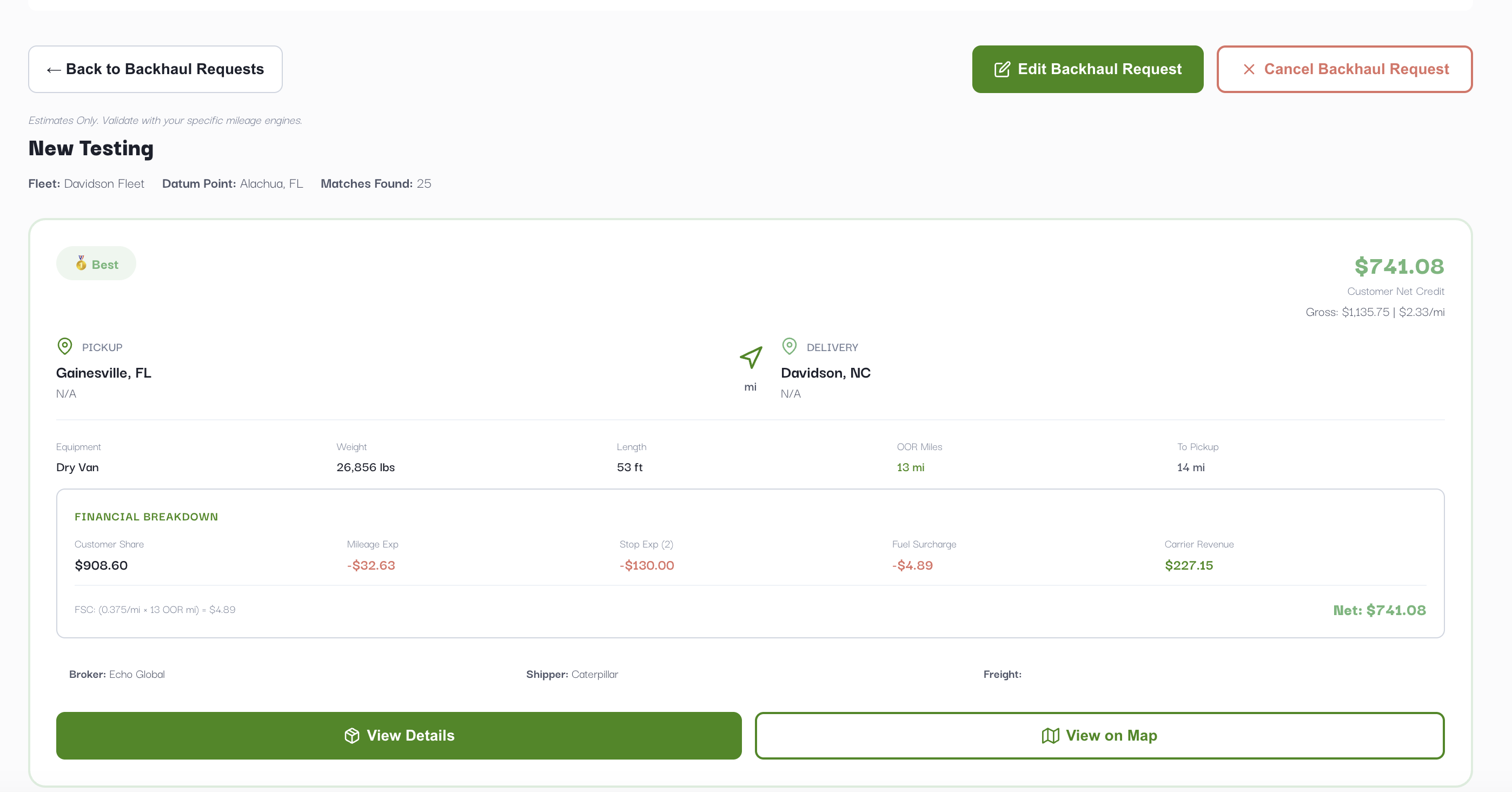 Backhaul results ranked list showing financial breakdown with Customer Share, Mileage Exp, Stop Exp, Fuel Surcharge, and Net