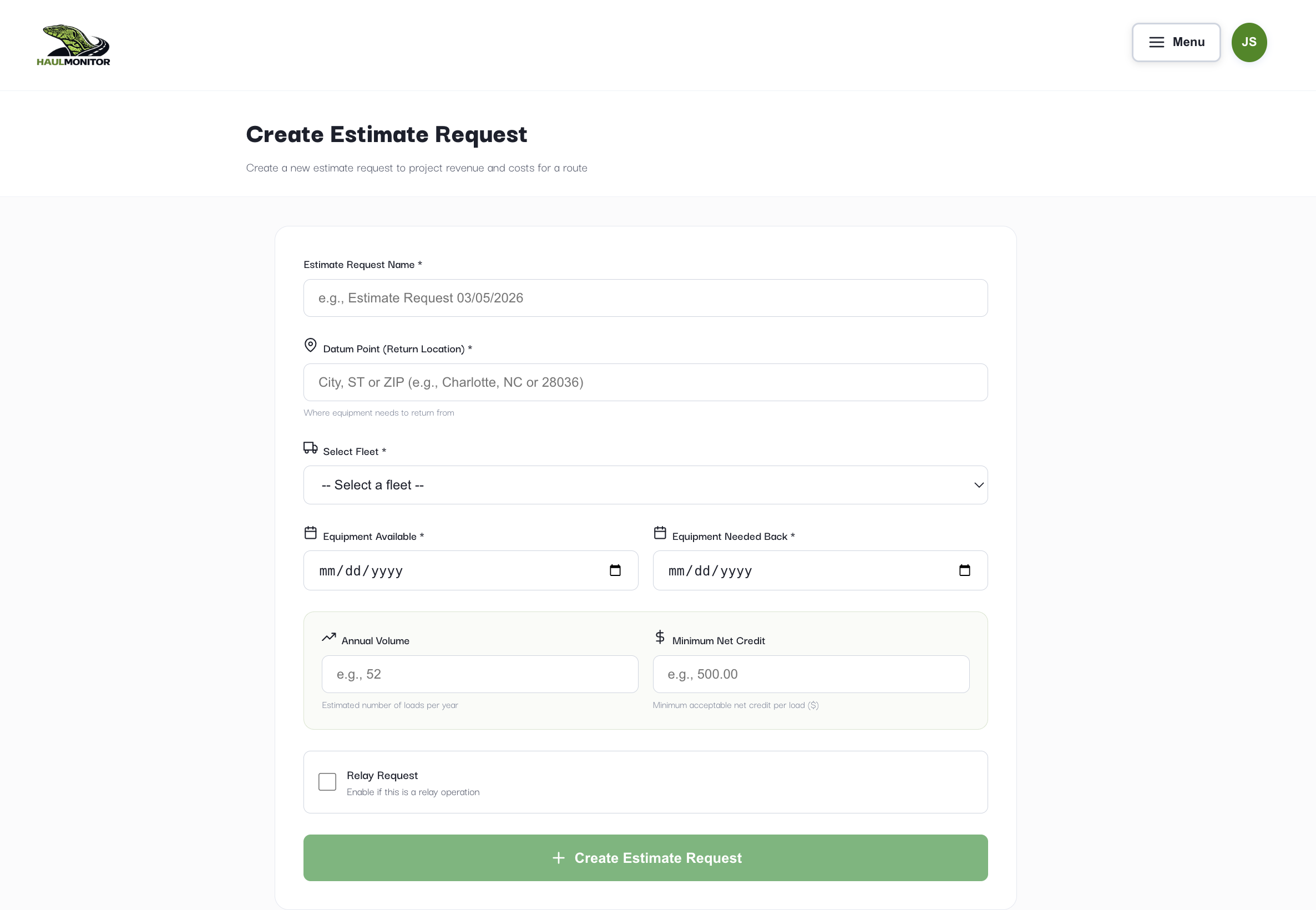Create Estimate Request form showing all fields including Annual Volume, Min Net Credit, Relay, and Create button