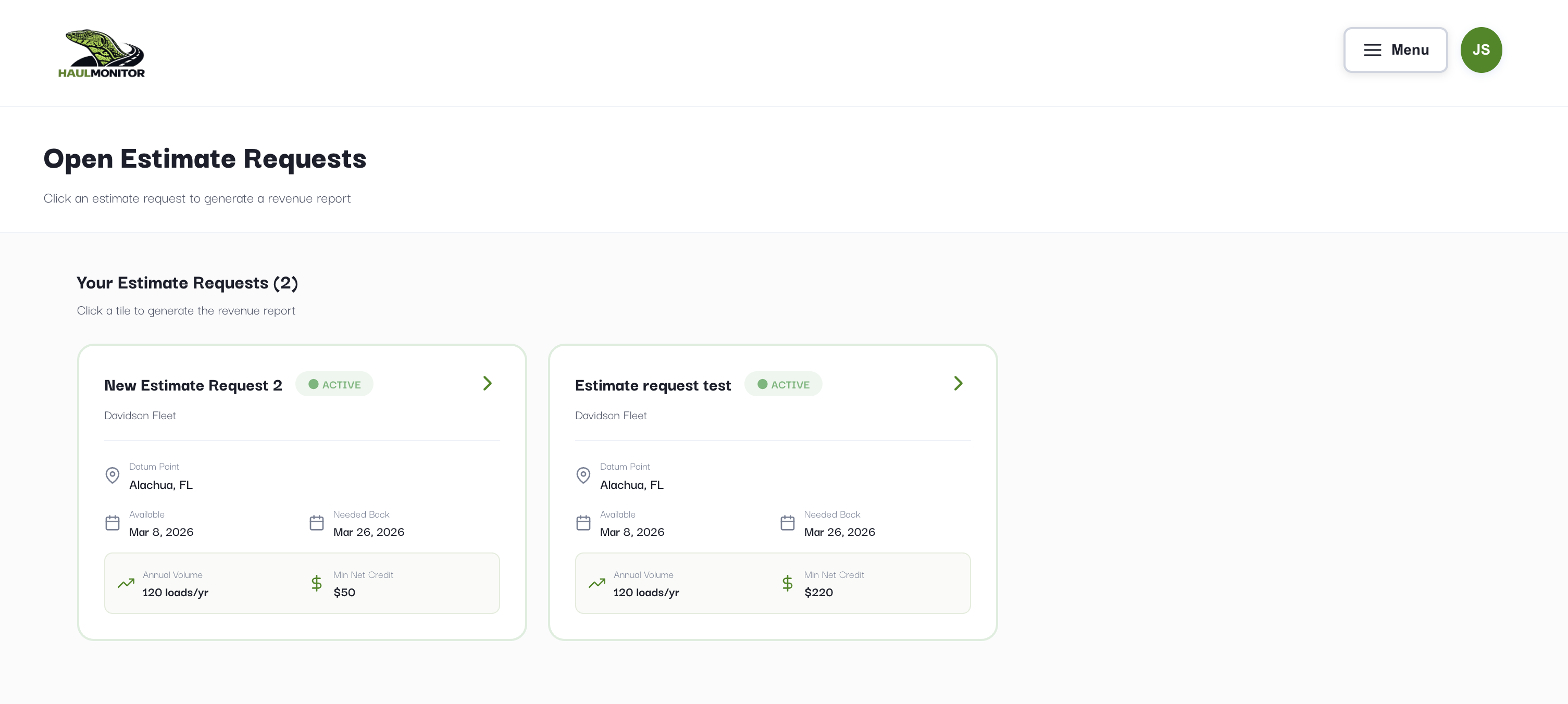 Open Estimate Requests page showing saved estimate request cards with datum point, dates, annual volume, and min net credit