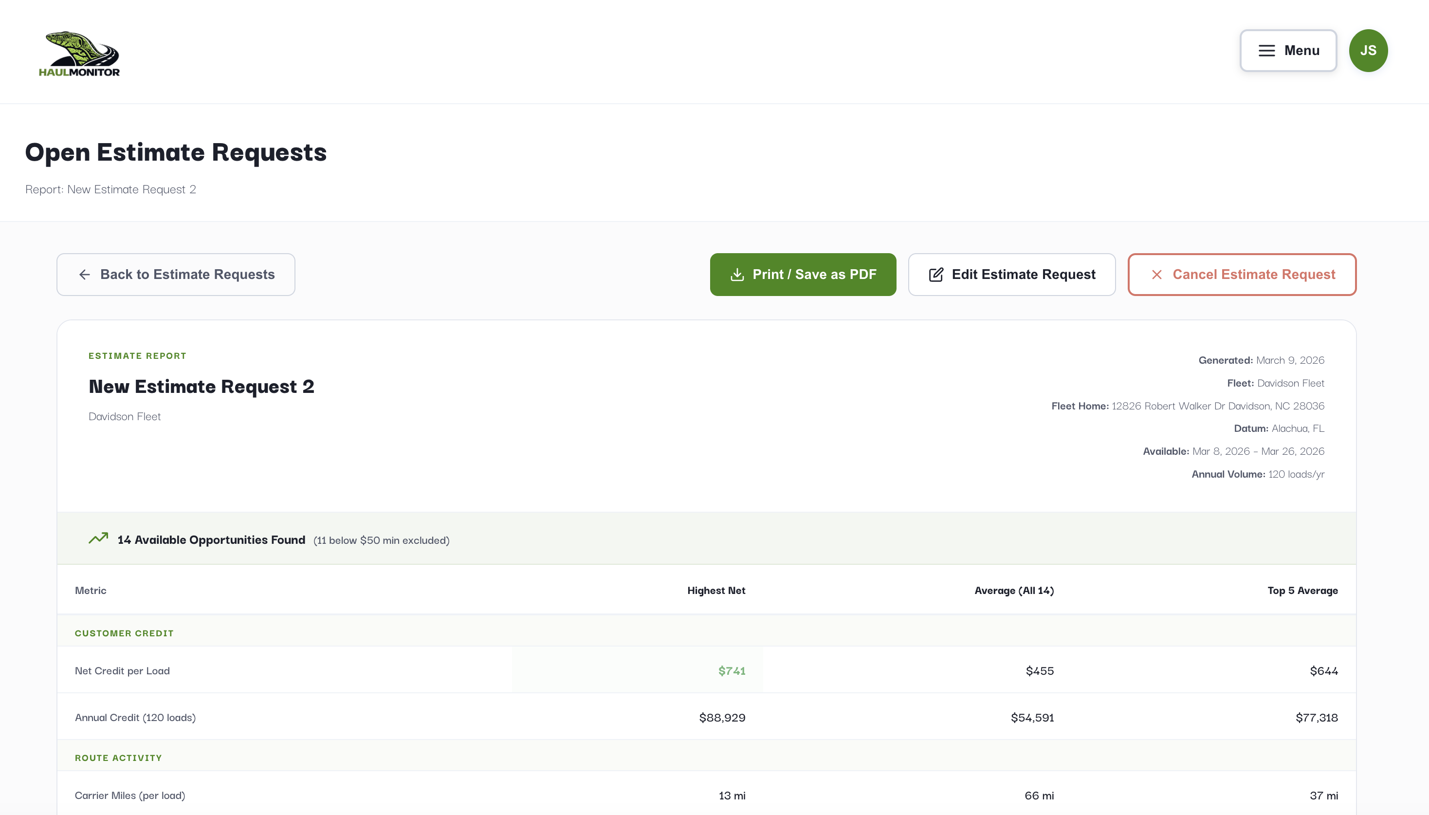 Estimate Report top half showing header metadata, opportunity count with exclusion note, and Customer Credit / Route Activity rows