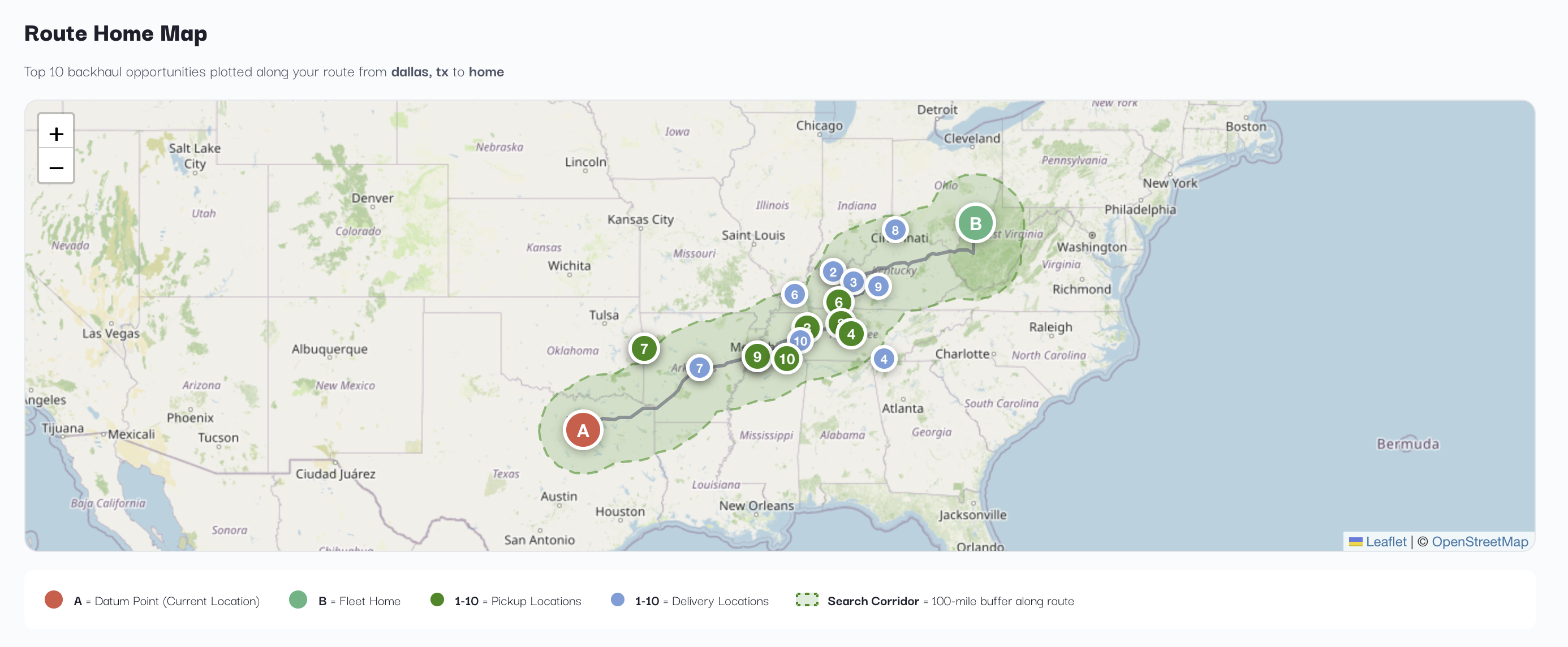 Route Home Map showing backhaul load opportunities along a truck's return corridor